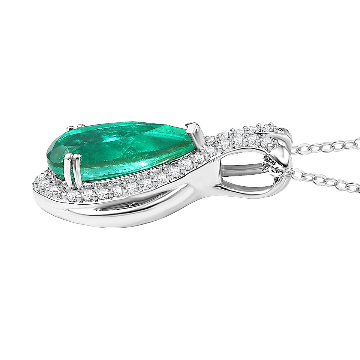 Emeraldine Triplet Quartz &amp; White Zircon Pendant with Chain (Size 20) in Rhodium Overlay Sterling Silver 2.46 Ct. 4361773 4