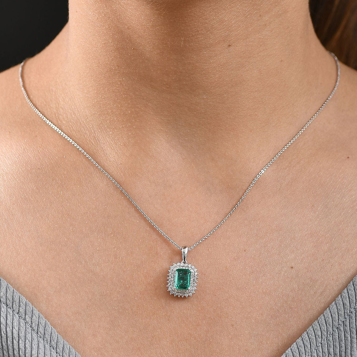 Emeraldine Triplet Quartz &amp; White Zircon Pendant with Chain (Size 20) in Rhodium Overlay Sterling Silver 2.24 Ct. 4361777 2