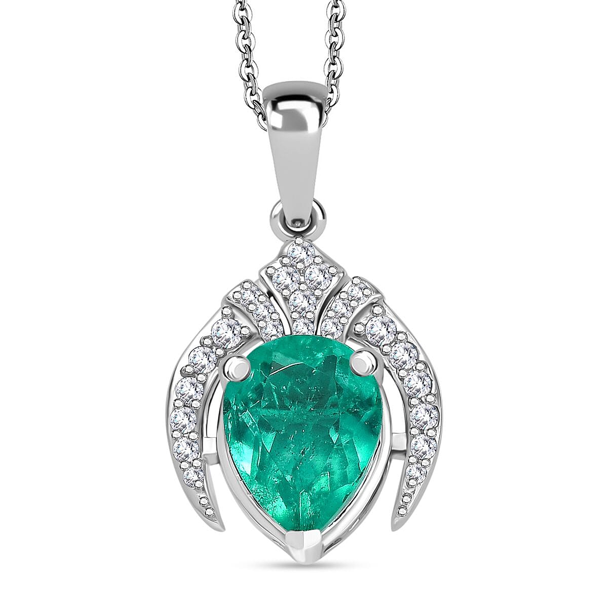 Emeraldine Triplet Quartz &amp; White Zircon Pendant with Chain (Size 20) in Rhodium Overlay Sterling Silver 2.08 Ct. 4363101 0