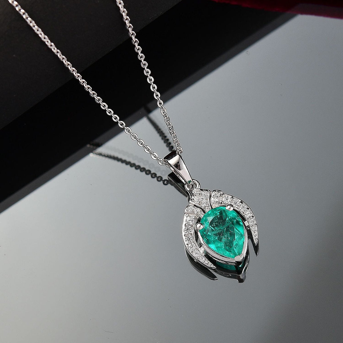 Emeraldine Triplet Quartz &amp; White Zircon Pendant with Chain (Size 20) in Rhodium Overlay Sterling Silver 2.08 Ct. 4363101 2