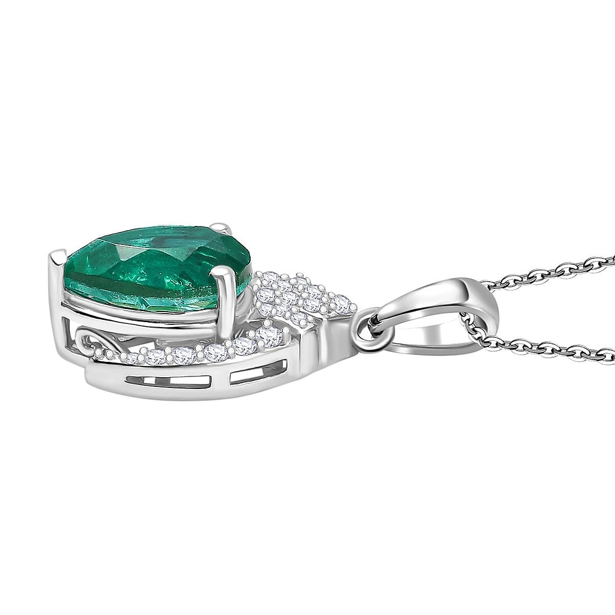 Emeraldine Triplet Quartz &amp; White Zircon Pendant with Chain (Size 20) in Rhodium Overlay Sterling Silver 2.08 Ct. 4363101 4
