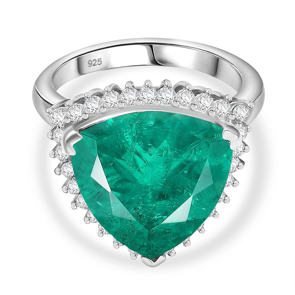 Emeraldine Triplet Quartz & White Zircon Ring in Rhodium Overlay Sterling Silver 10.09 Ct.