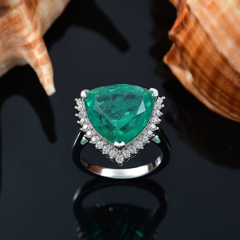 Emeraldine Triplet Quartz & White Zircon Ring in Rhodium Overlay Sterling Silver 10.09 Ct.