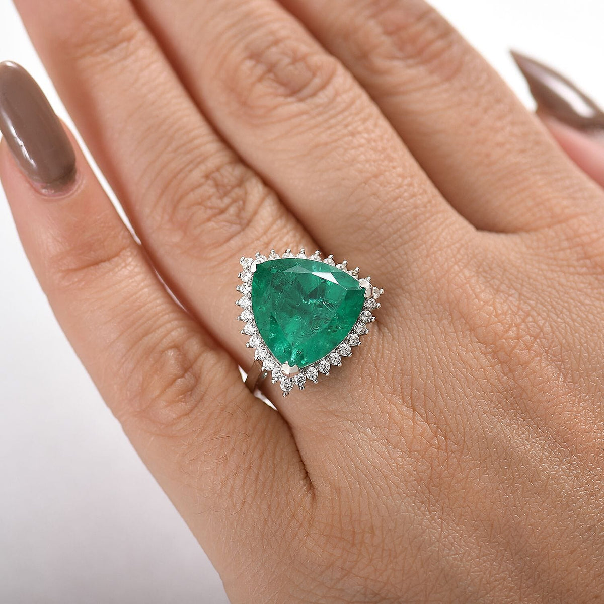 Emeraldine Triplet Quartz, White Zircon Halo Ring in Rhodium Overlay Sterling Silver 10.09 Ct. 8066661 3