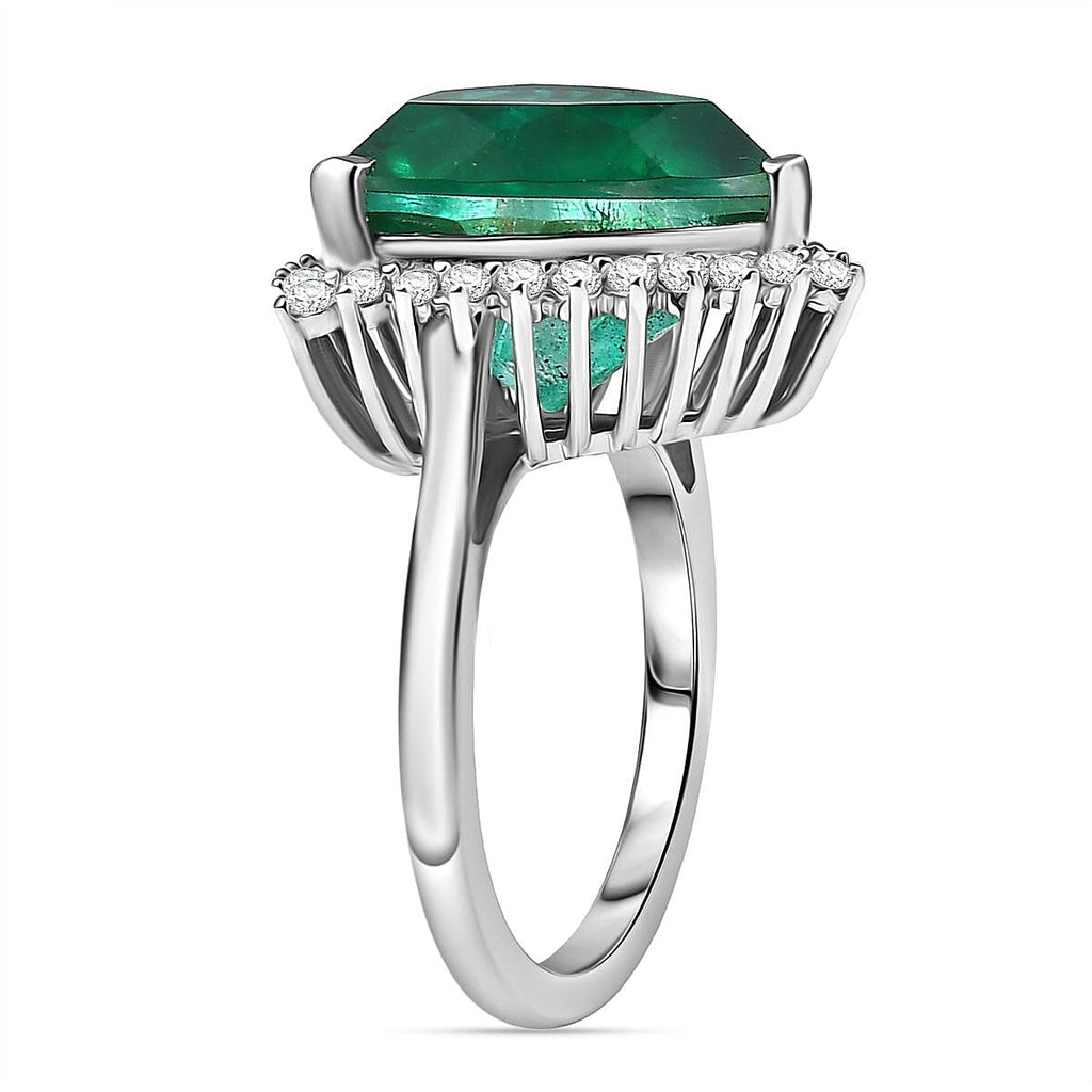 Emeraldine Triplet Quartz & White Zircon Ring in Rhodium Overlay Sterling Silver 10.09 Ct.