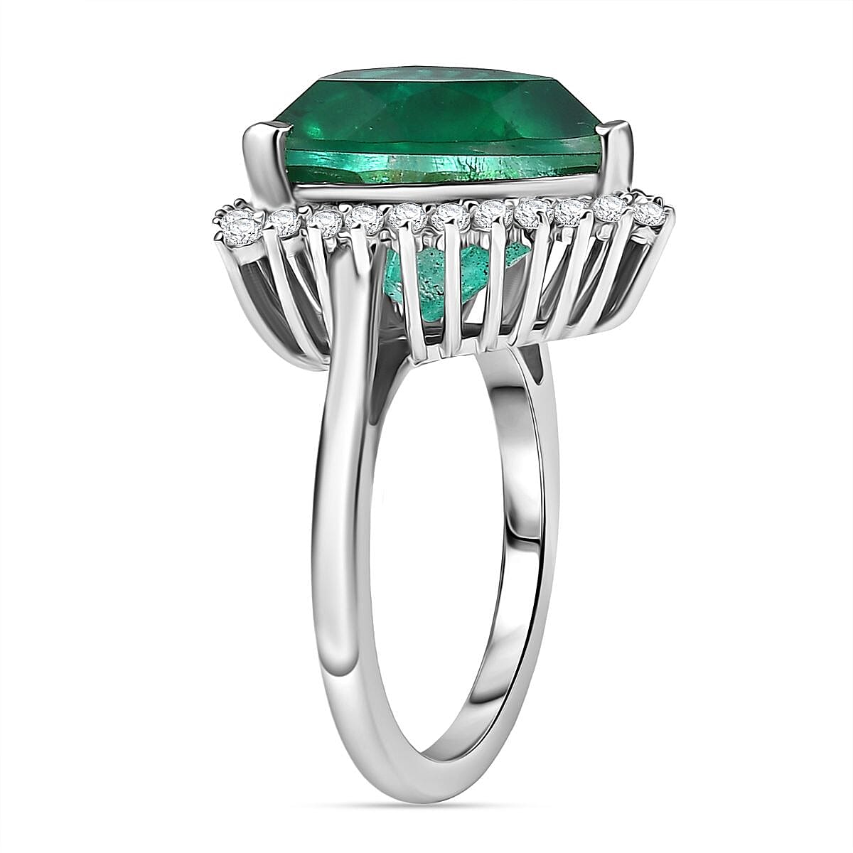 Emeraldine Triplet Quartz, White Zircon Halo Ring in Rhodium Overlay Sterling Silver 10.09 Ct. 8066661 4