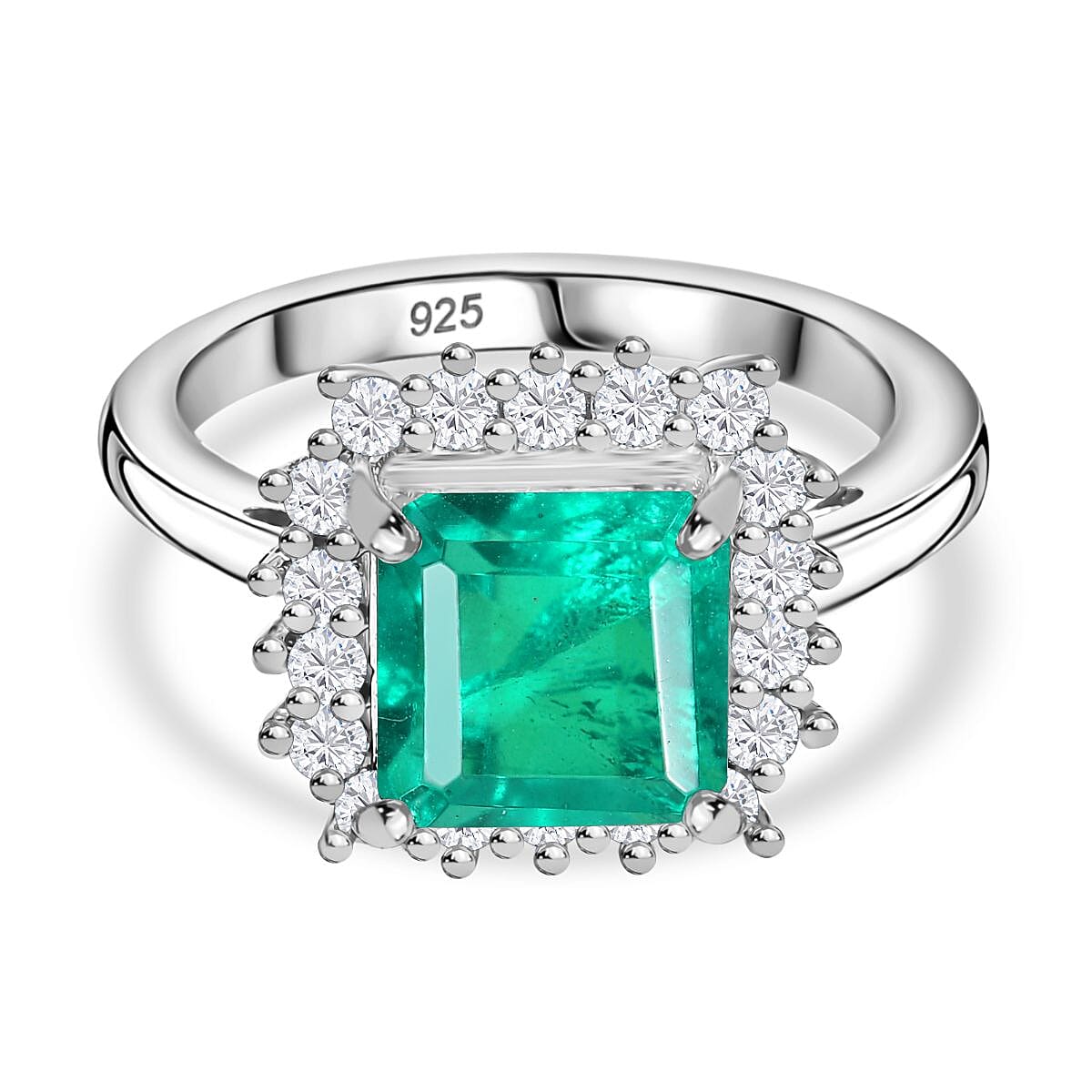 Emeraldine Triplet Quartz &amp; White Zircon Ring in Rhodium Overlay Sterling Silver 3.74 Ct. 8068956 0