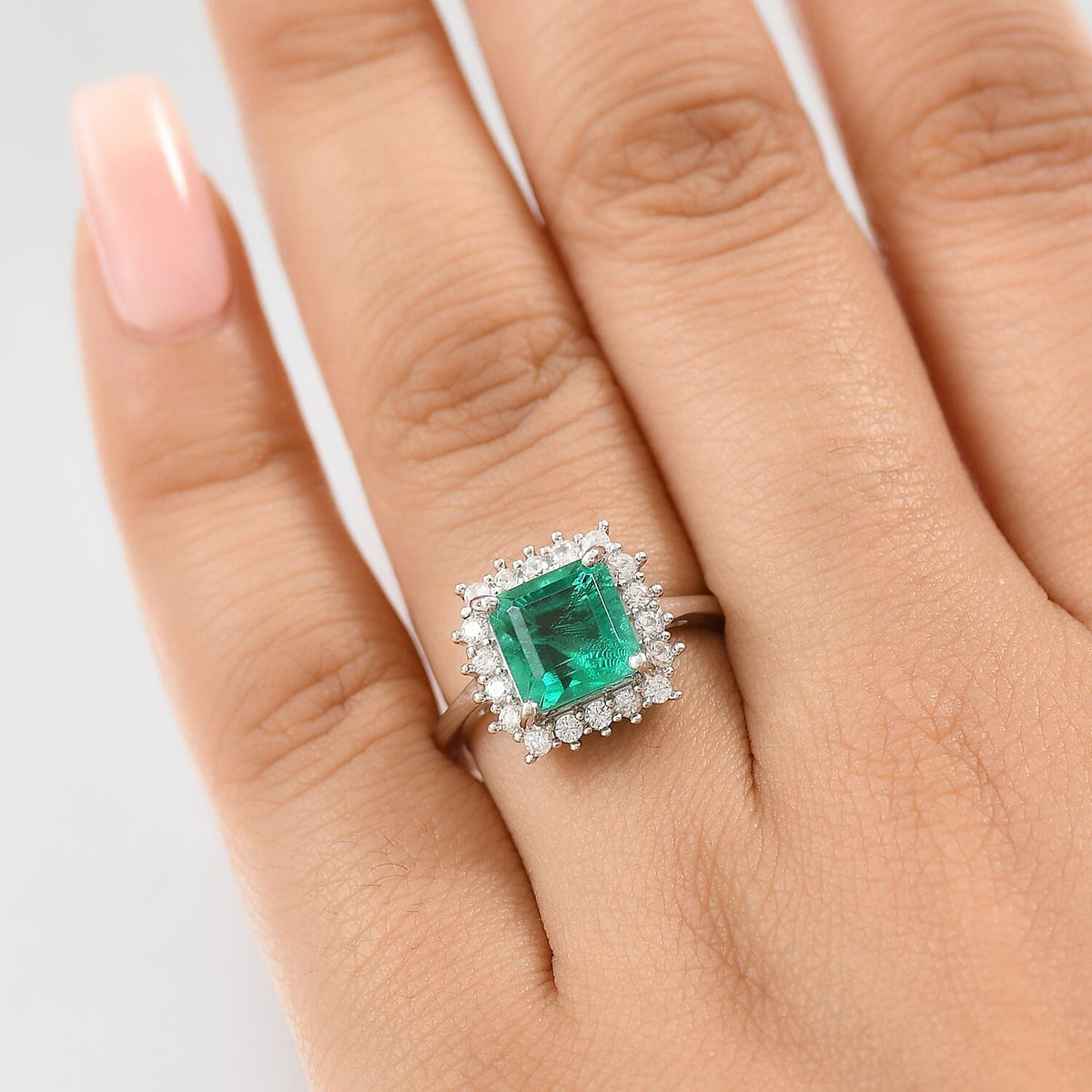 Emeraldine Triplet Quartz &amp; White Zircon Ring in Rhodium Overlay Sterling Silver 3.74 Ct. 8068956 3