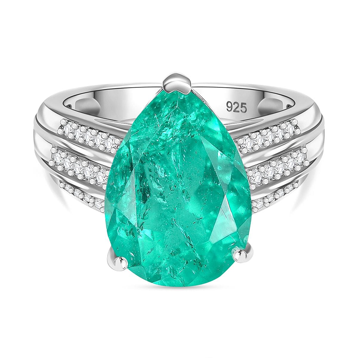 Emeraldine Triplet Quartz &amp; White Zircon Ring in Rhodium Overlay Sterling Silver 5.97 Ct. 8076520 0