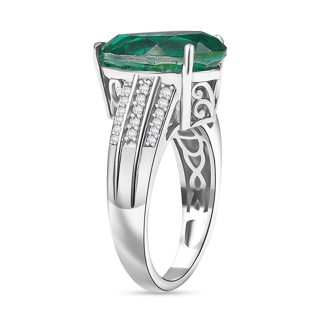 Emeraldine Triplet Quartz & White Zircon Ring in Rhodium Overlay Sterling Silver 5.97 Ct.