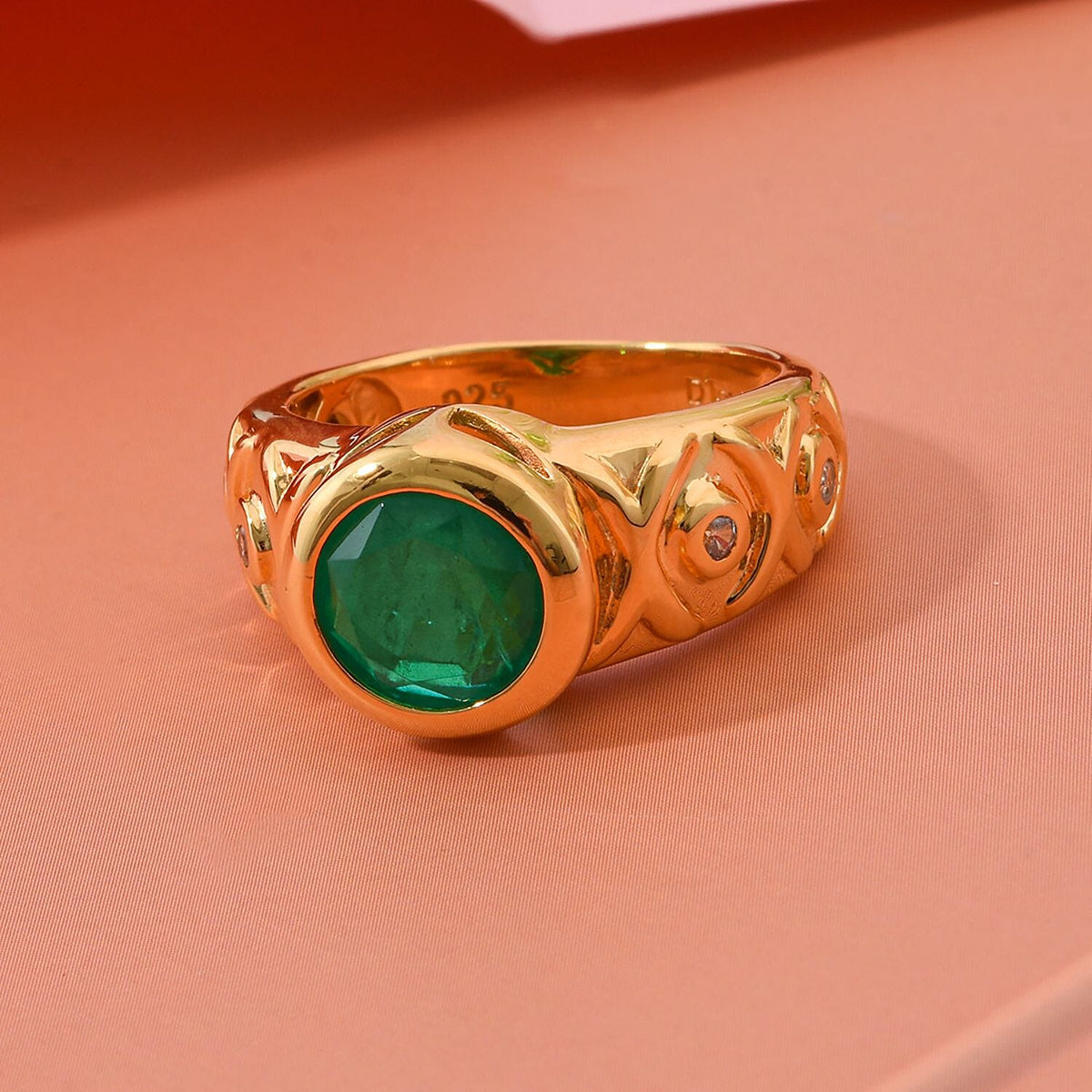 Emeraldine Triplet Quartz &amp; White Zircon Ring in Vermeil Yellow Gold Sterling Silver 3.46 Ct. 7962361 3