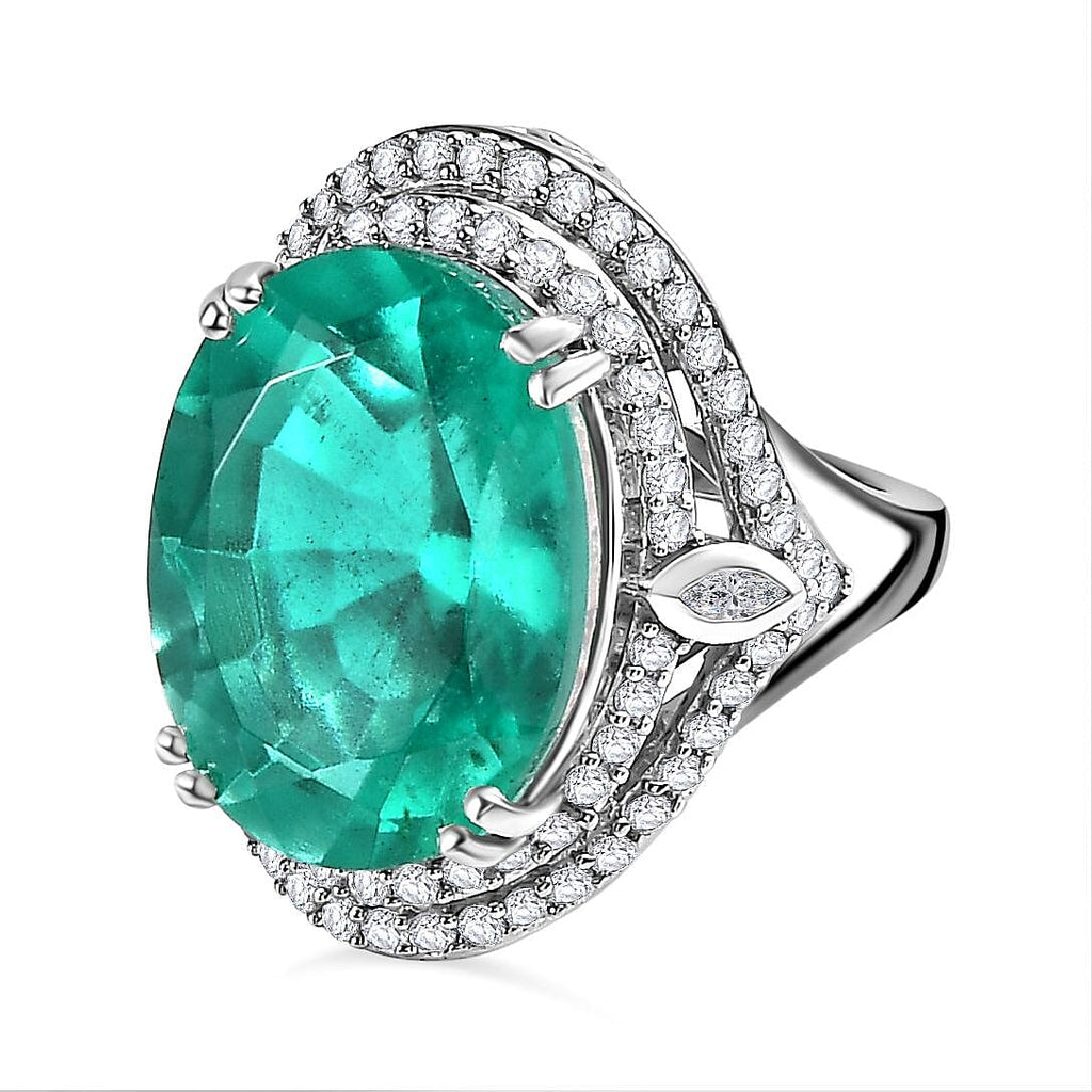 Emeraldine Triplet Quartz & Natural Zircon Ring in Platinum Overlay Sterling Silver 23.58 Ct, Silver Wt. 8.61 Gms