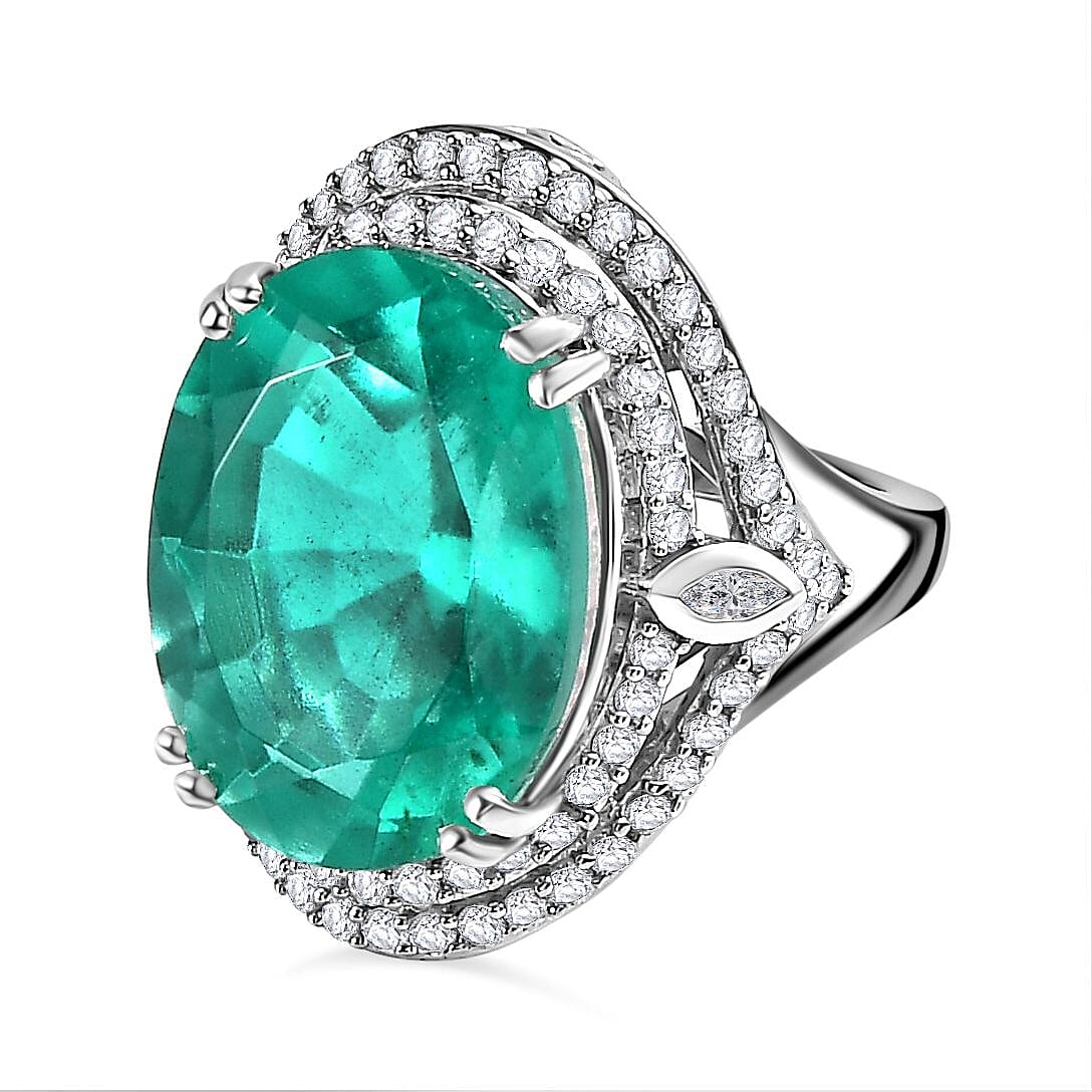 Emeraldine Triplet Quartz, White Zircon Double Halo Ring in Platinum Overlay Sterling Silver 7712219 0