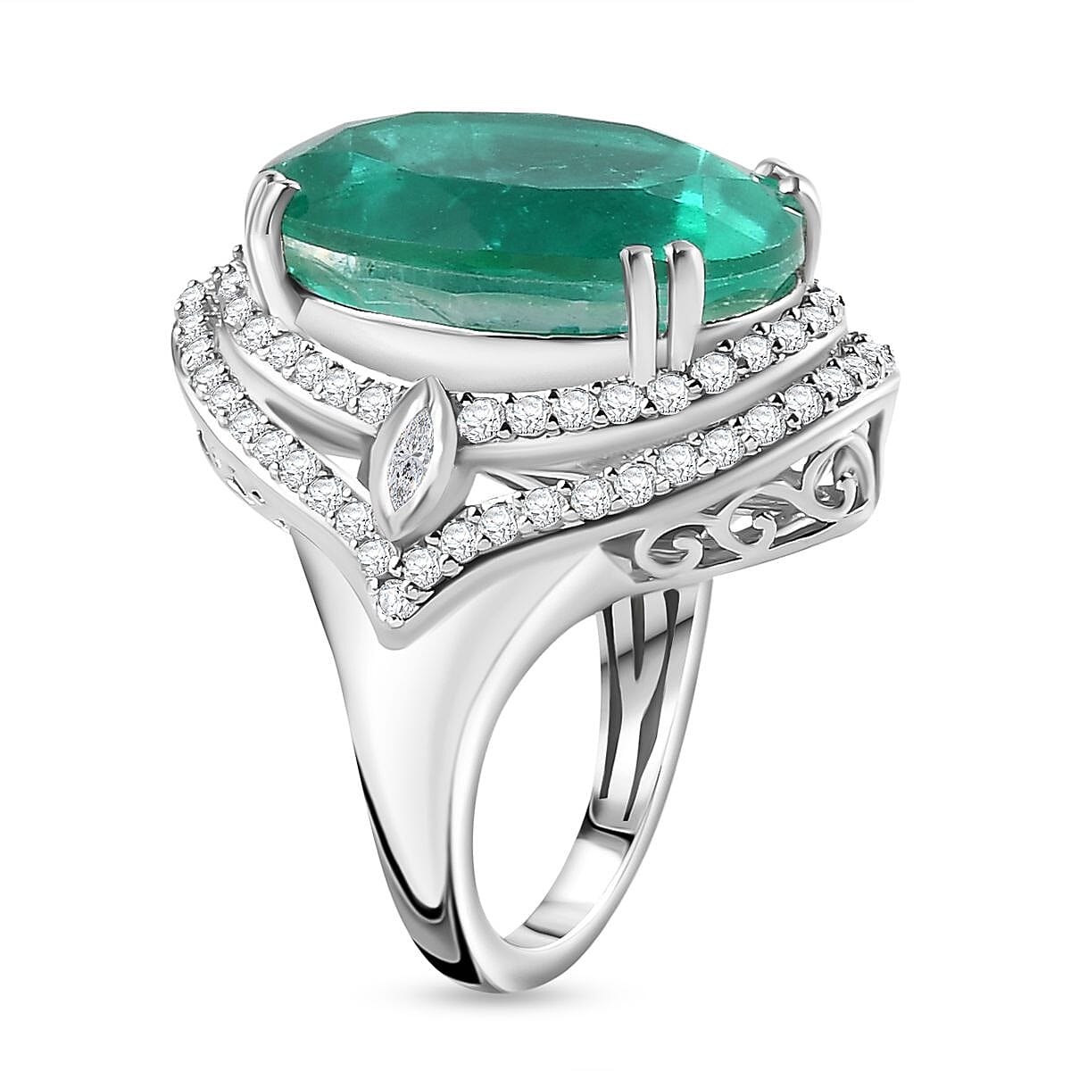 Emeraldine Triplet Quartz, White Zircon Double Halo Ring in Platinum Overlay Sterling Silver 7712219 3