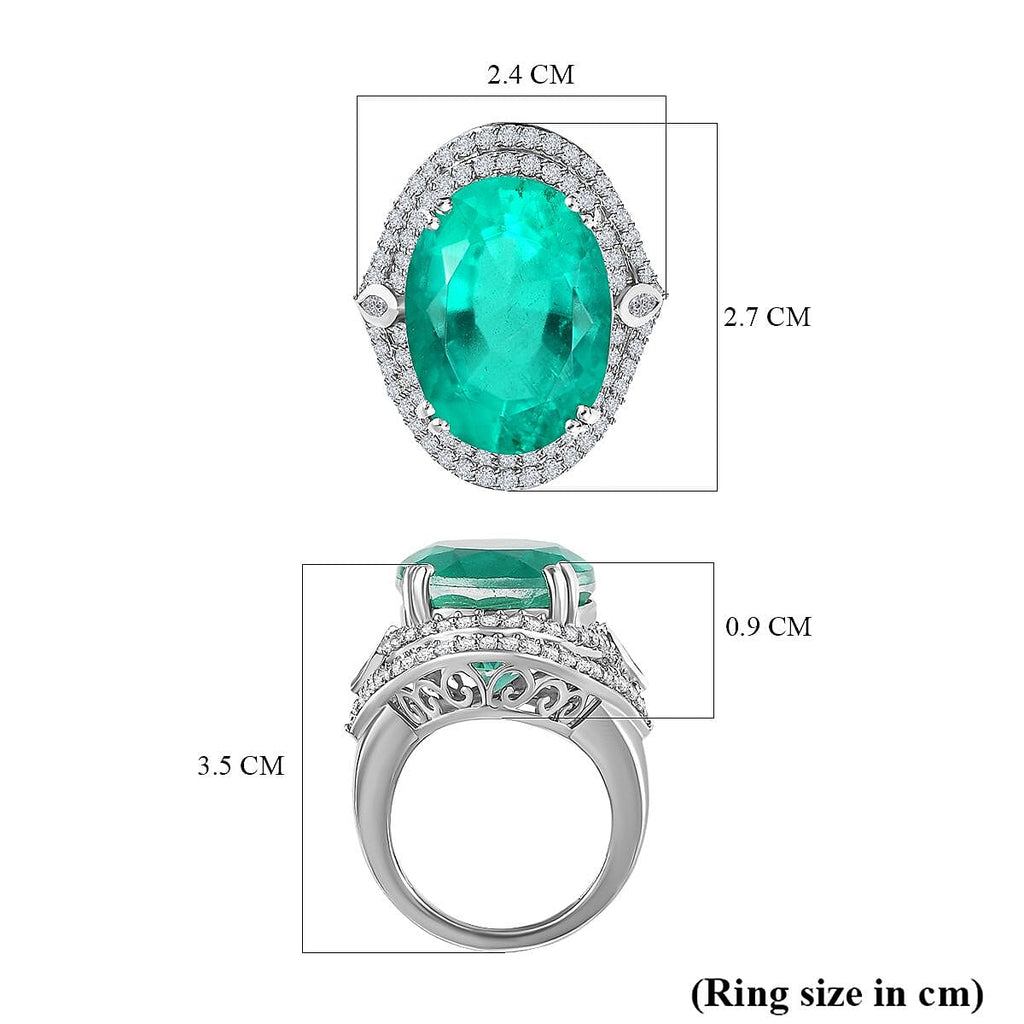 Emeraldine Triplet Quartz & Natural Zircon Ring in Platinum Overlay Sterling Silver 23.58 Ct, Silver Wt. 8.61 Gms