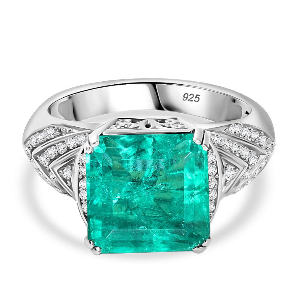 Emeraldine Triplet Quartz & White Zircon Solitaire Ring in Rhodium Overlay Sterling Silver 5.88 Ct.