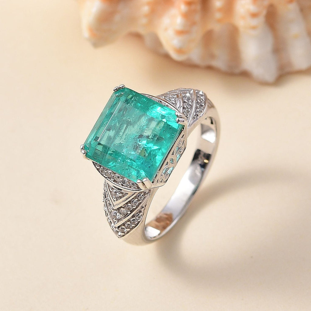 Emeraldine Triplet Quartz & White Zircon Solitaire Ring in Rhodium Overlay Sterling Silver 5.88 Ct.