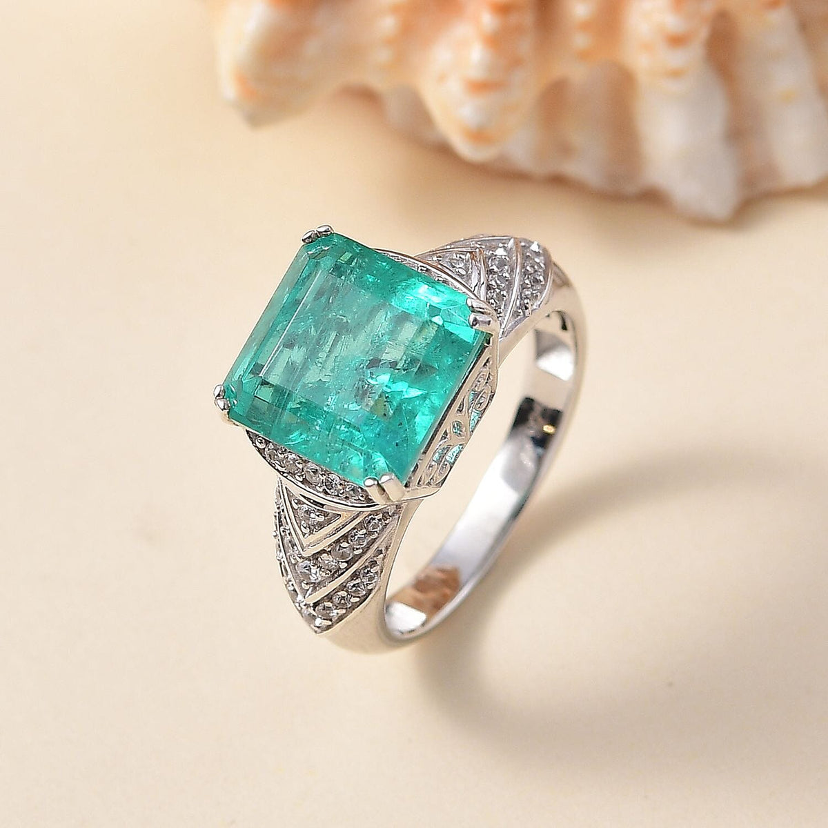 Emeraldine Triplet Quartz, White Zircon Solitaire Ring in Rhodium Overlay Sterling Silver 5.88 Ct. 8074690 2