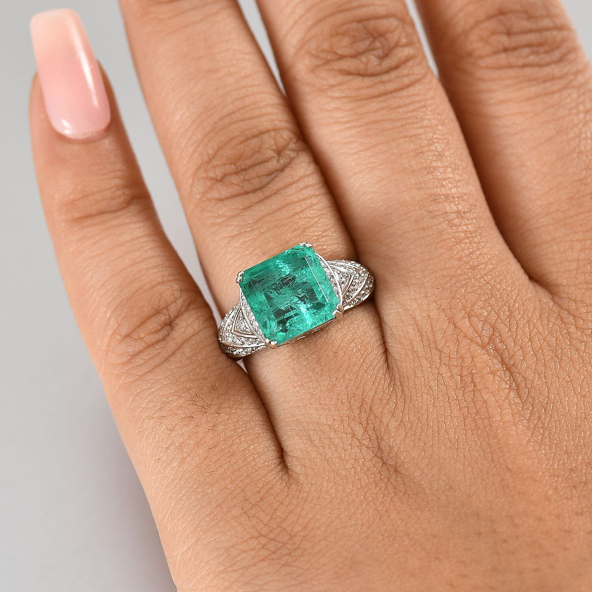 Emeraldine Triplet Quartz, White Zircon Solitaire Ring in Rhodium Overlay Sterling Silver 5.88 Ct. 8074690 3