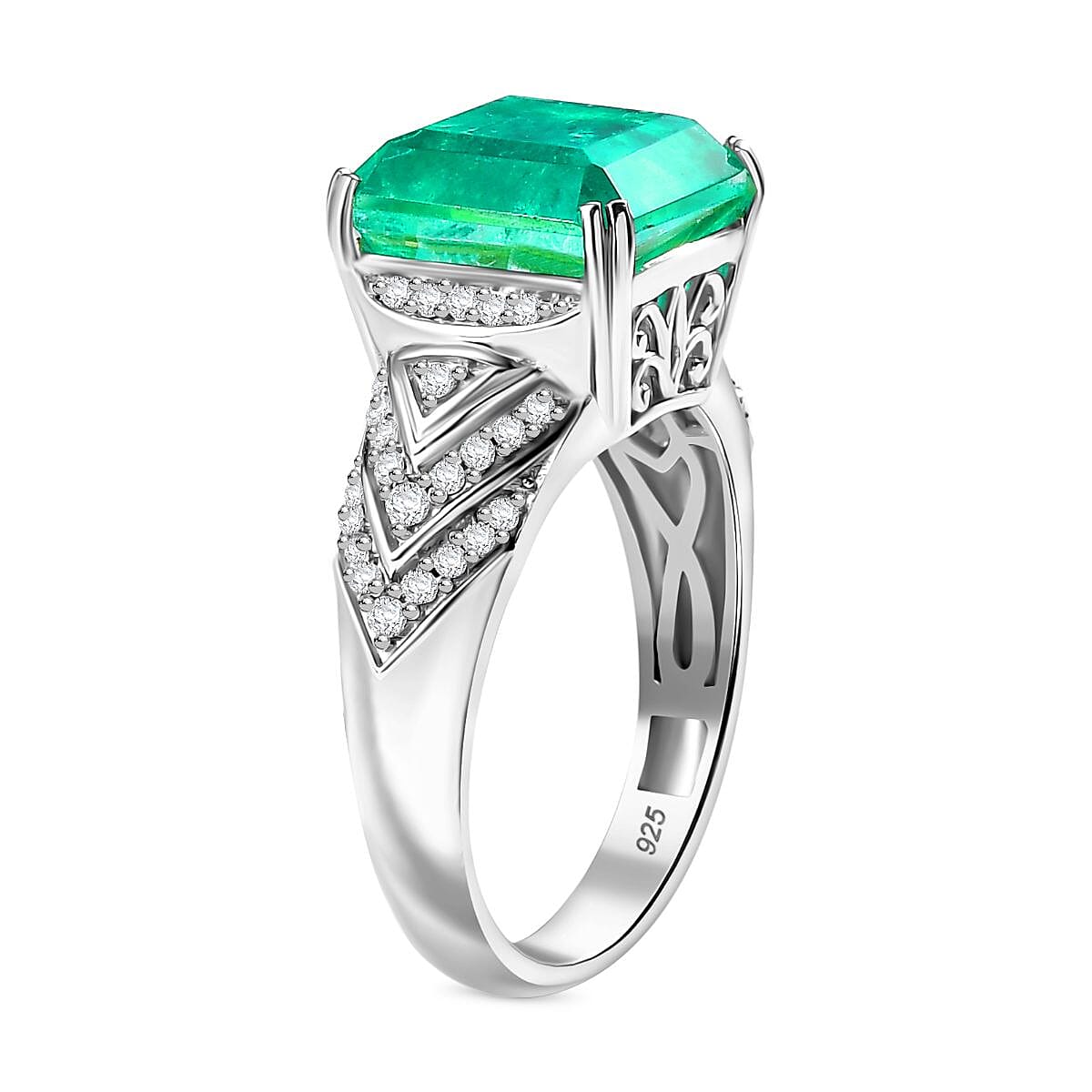 Emeraldine Triplet Quartz, White Zircon Solitaire Ring in Rhodium Overlay Sterling Silver 5.88 Ct. 8074690 4