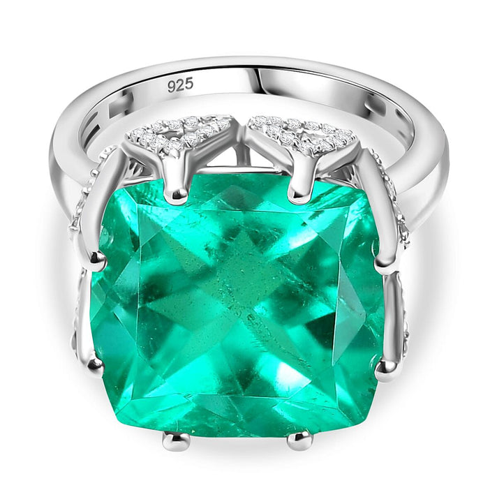 Emeraldine Triplet Quartz &amp; White Zircon Solitaire Ring in Rhodium Overlay Sterling Silver 12.57 Ct. 8084589 1