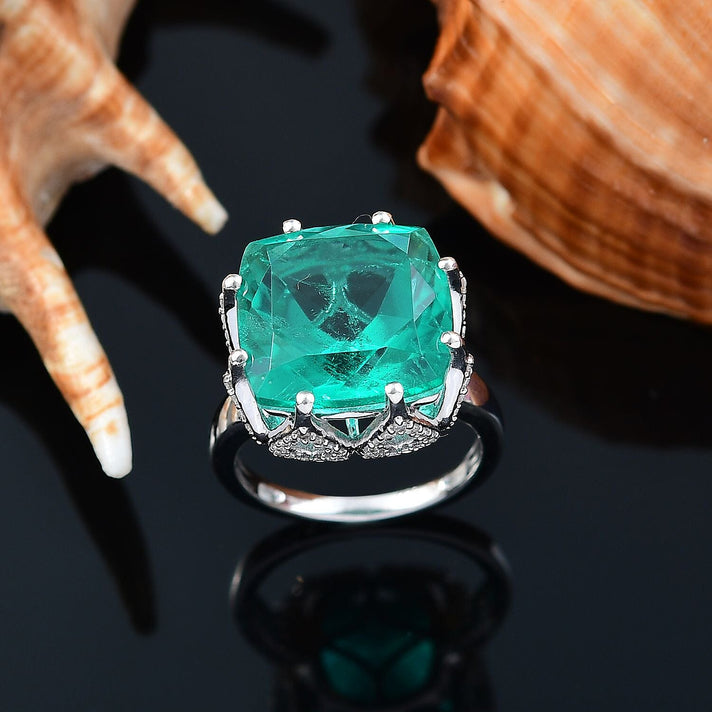 Emeraldine Triplet Quartz &amp; White Zircon Solitaire Ring in Rhodium Overlay Sterling Silver 12.57 Ct. 8084589 2