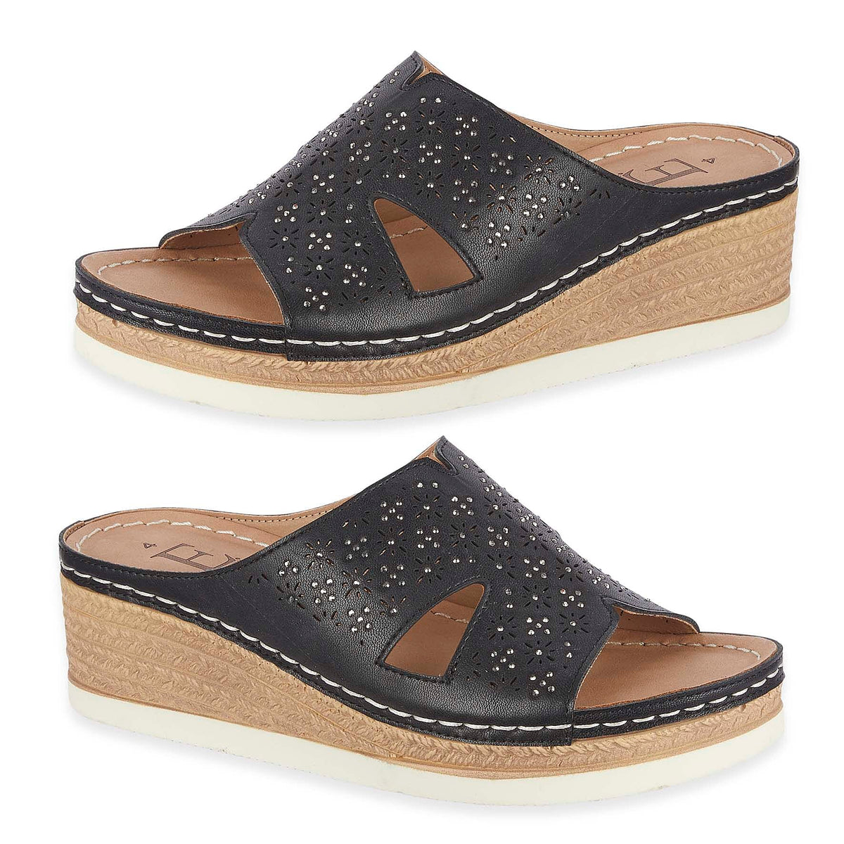 Emma Diamante Trim Ladies Wedge Sandals (Size 7) - Black V32519707 0
