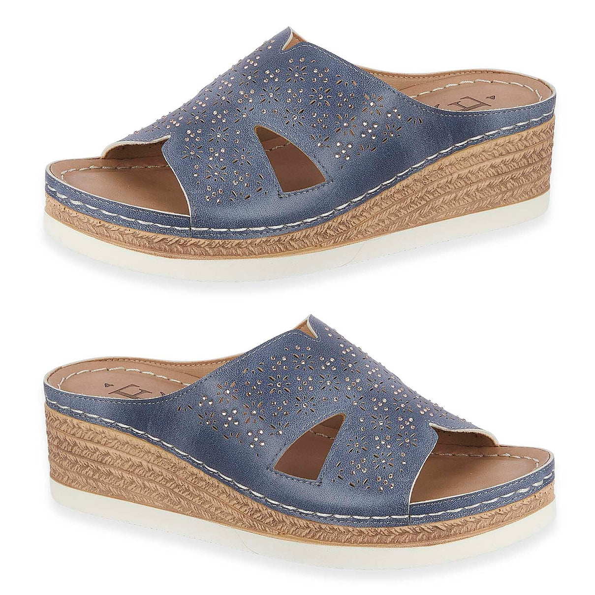 Emma Diamante Trim Ladies Wedge Sandals (Size 7) - Blue V32519701 0
