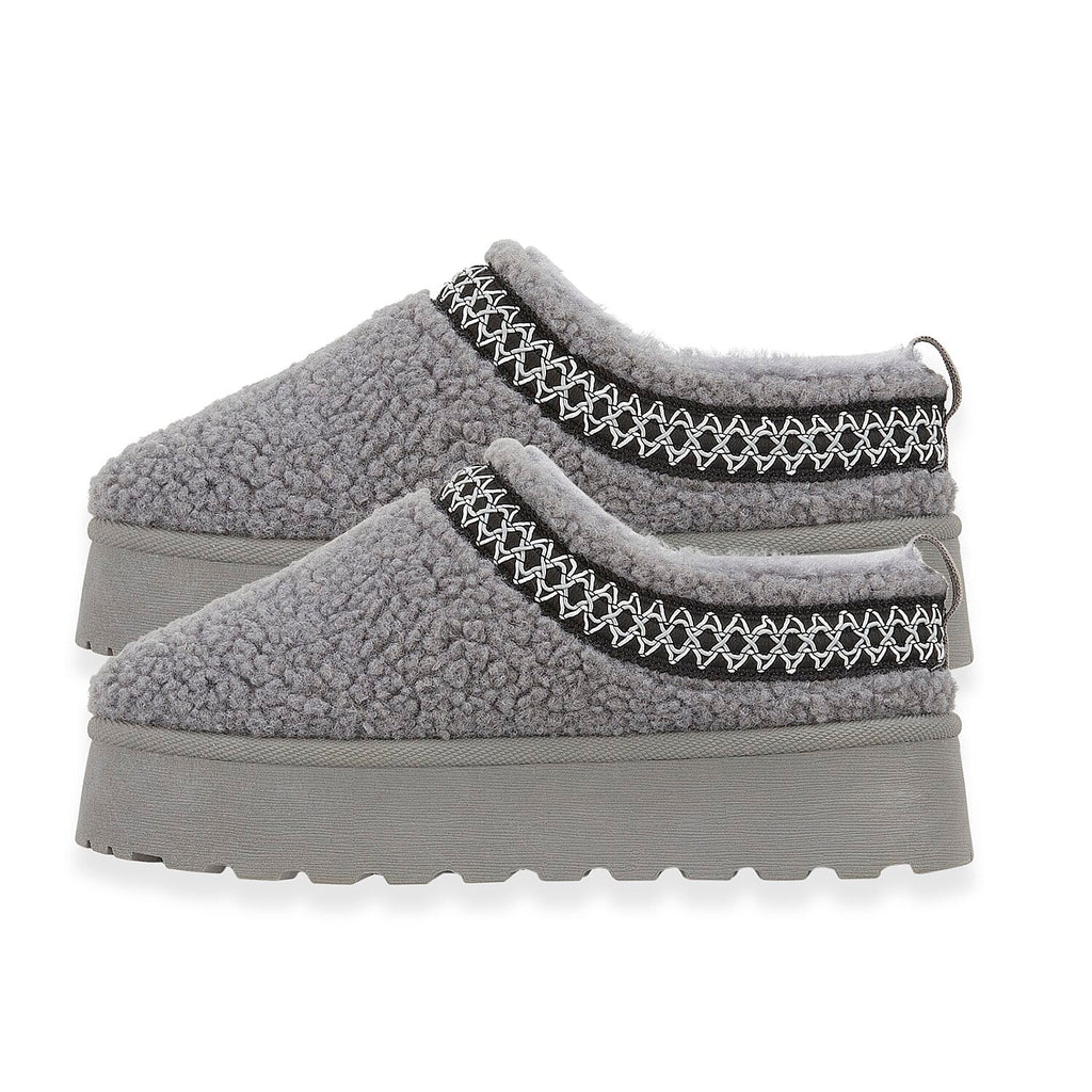 Emma Panda Embroidered Trim Platform Sherpa Boots (Size 4) - Grey