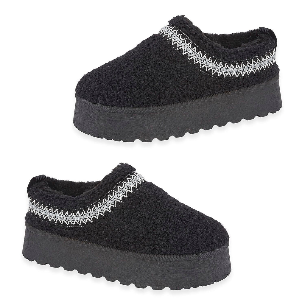 Emma Panda Embroidered Trim Platform Sherpa Boots (Size 6) - Black