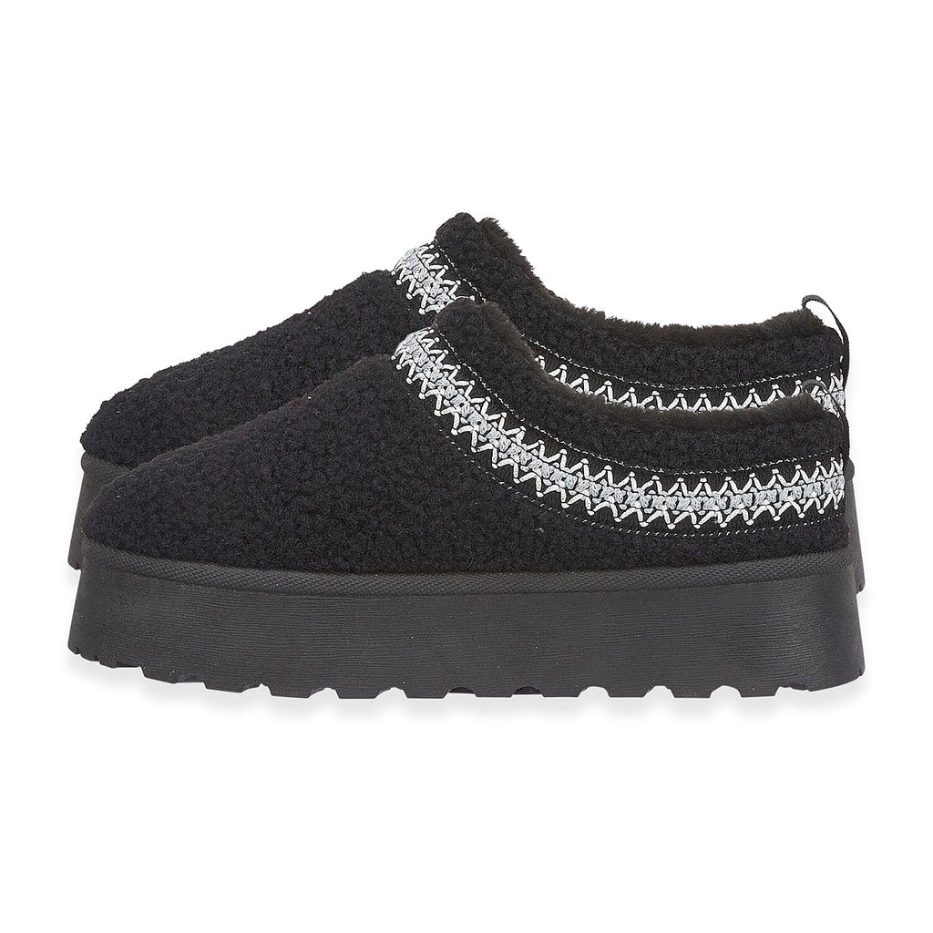 Emma Panda Embroidered Trim Platform Sherpa Boots (Size 6) - Black