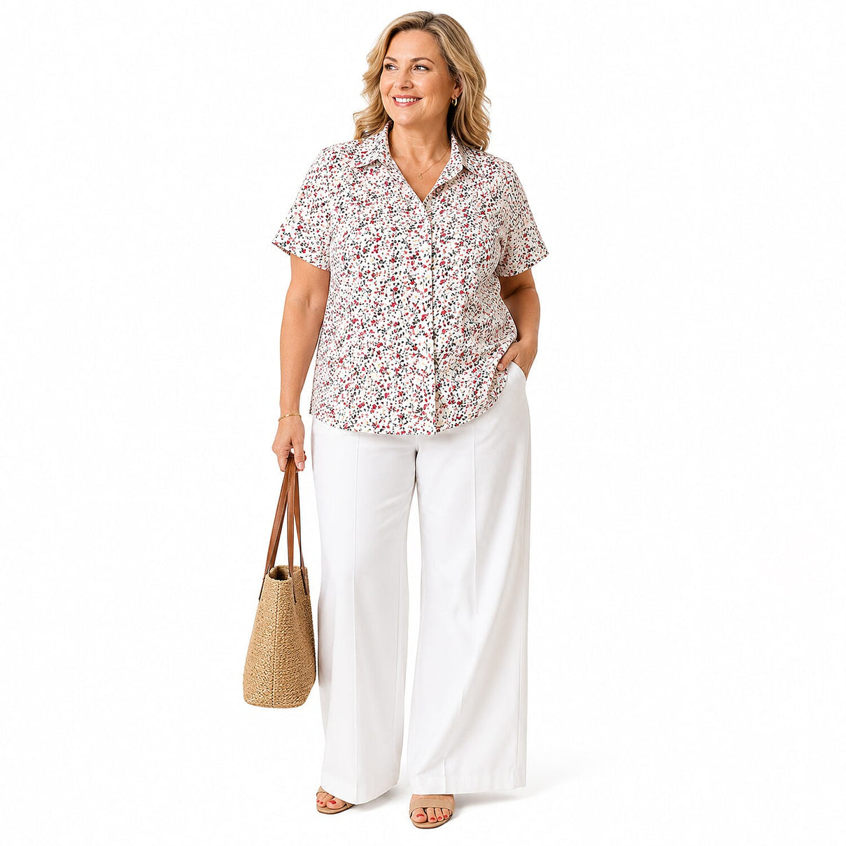Emma Ladies Short Sleeve Button-Thru Shirt (Size 14) - White &amp; Red 8504302 0