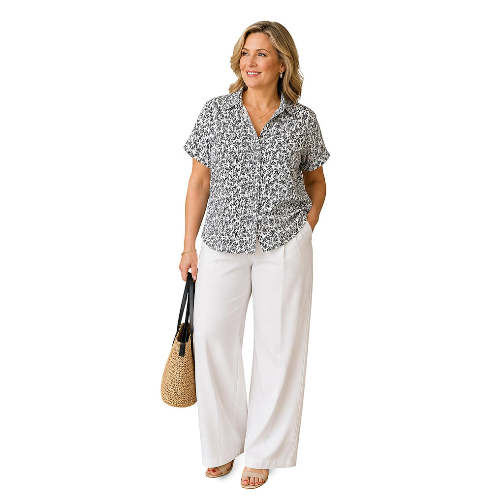 Emma Ladies Short Sleeve Button-Thru Shirt (Size 16) - White & Black