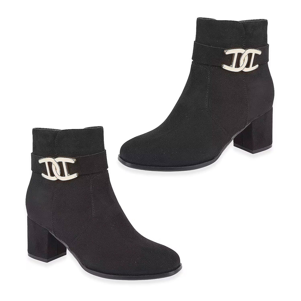 Emma Zelda Suede-Look Ankle Boot With Gold Buckle (Size 6) - Black