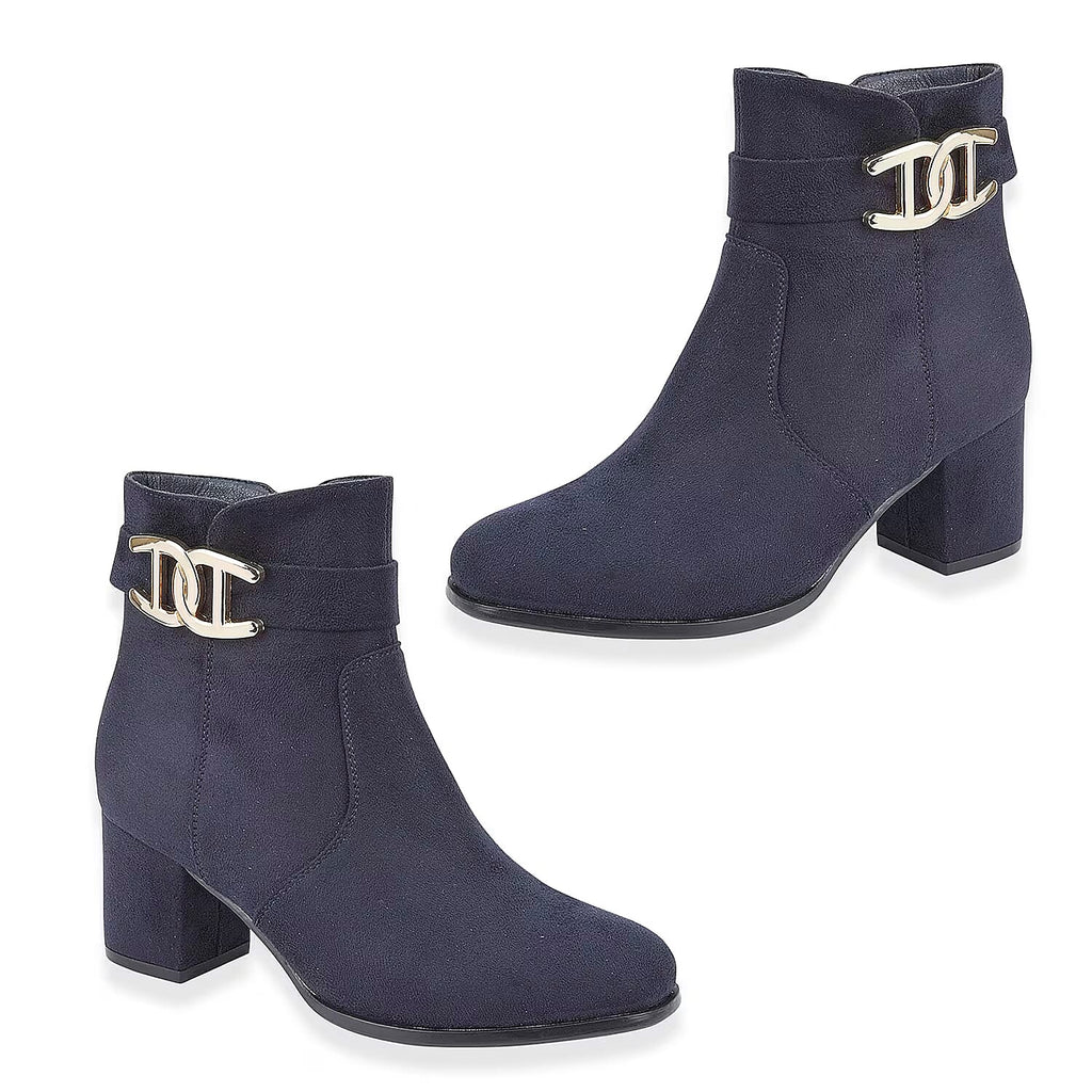 Emma Zelda Suede-Look Ankle Boot With Gold Buckle (Size 6) - Navy