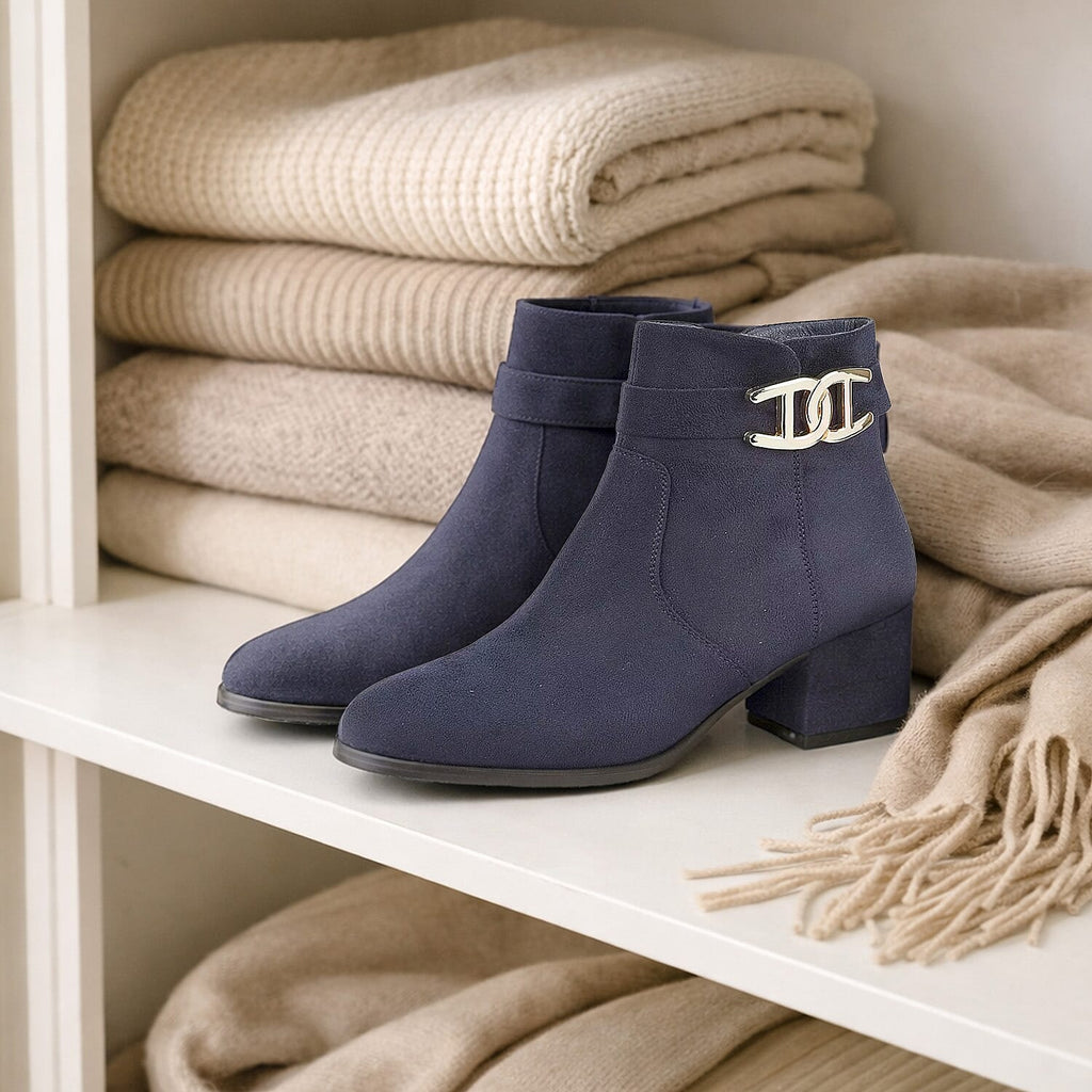 Emma Zelda Suede-Look Ankle Boot With Gold Buckle (Size 6) - Navy