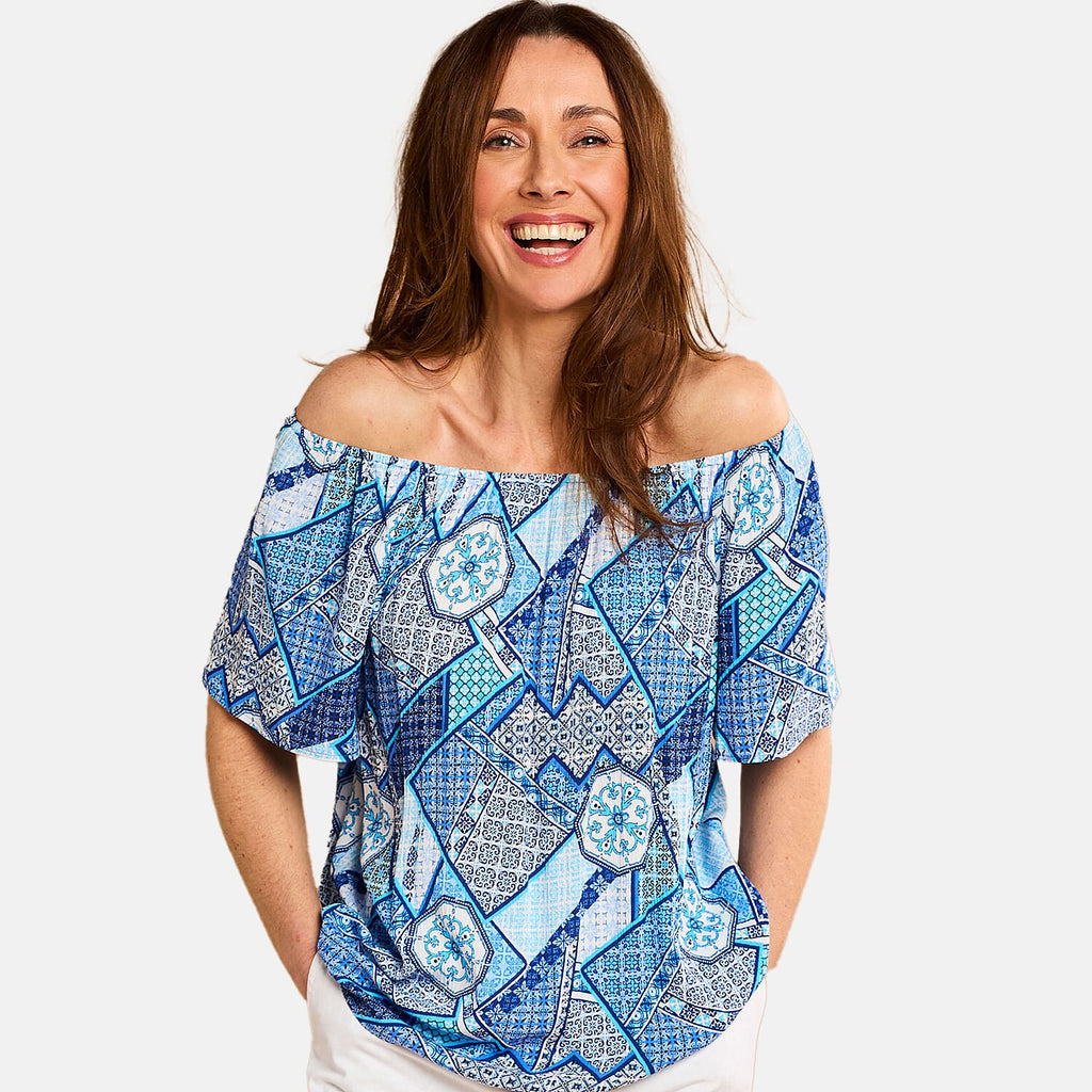 Emreco 100% Viscose Short Sleeve Print Off Shoulder Top (Size 14) - Blue