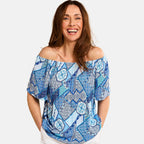 Emreco 100% Viscose Short Sleeve Print Off Shoulder Top (Size 14) - Blue
