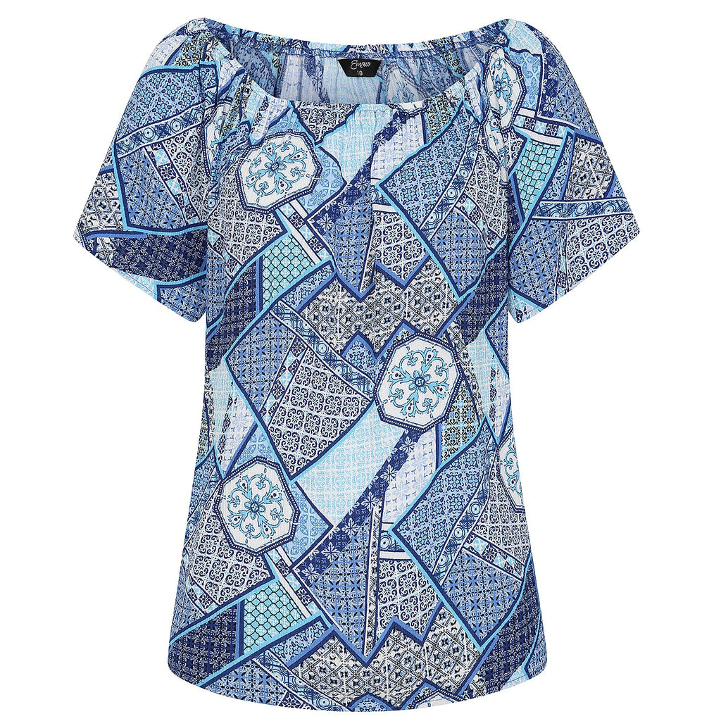 Emreco 100% Viscose Short Sleeve Print Off Shoulder Top (Size 14) - Blue