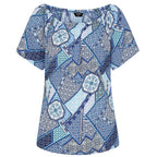 Emreco 100% Viscose Short Sleeve Print Off Shoulder Top (Size 14) - Blue