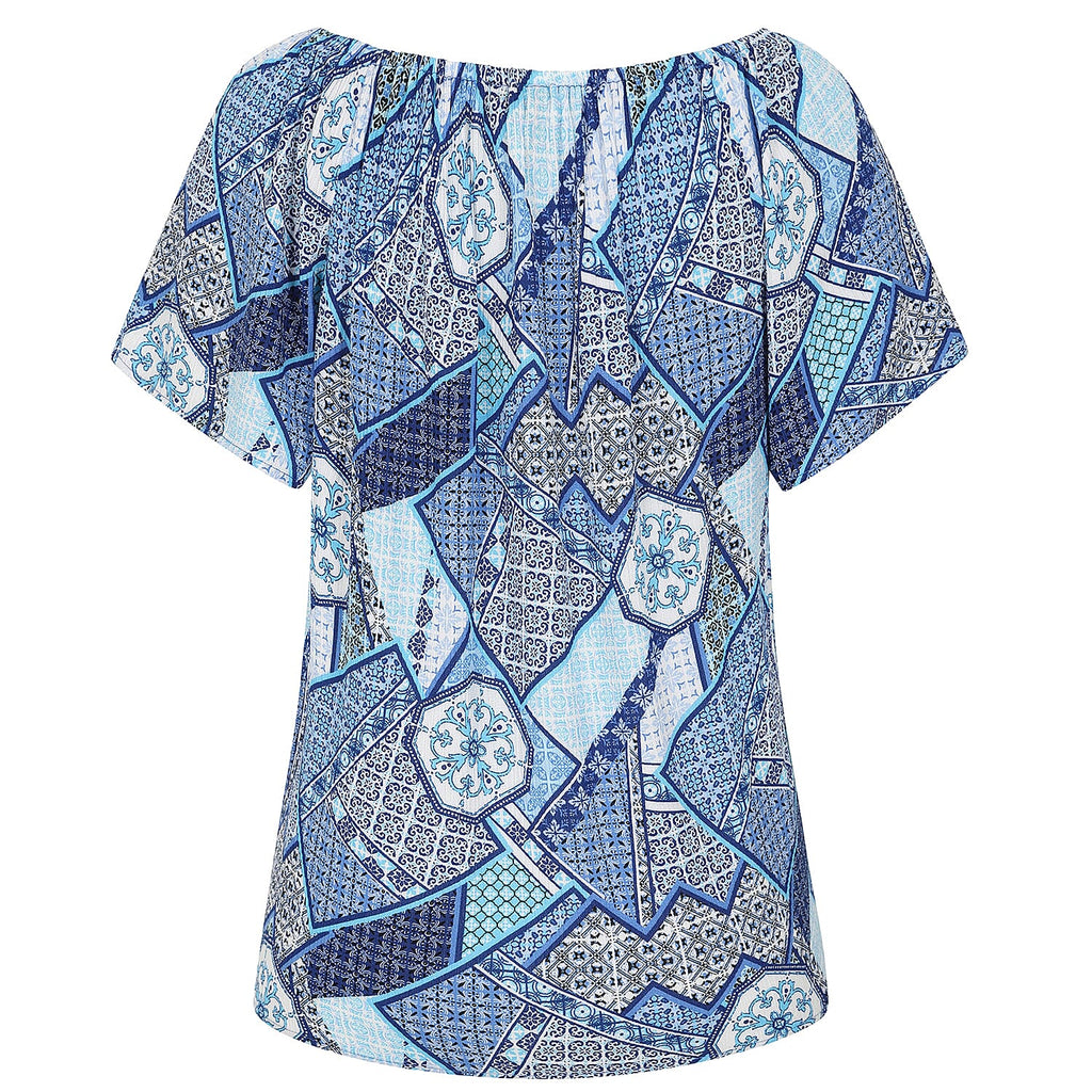 Emreco 100% Viscose Short Sleeve Print Off Shoulder Top (Size 14) - Blue