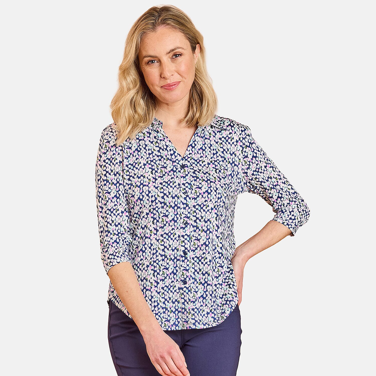 Emreco 3-4 Sleeve Print Mandarin Collar Blouse (Size 14) - White 8226210 0