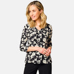 Emreco Floral Printed 3-4 Sleeve V-Neck Top (Size 18) - Black - White