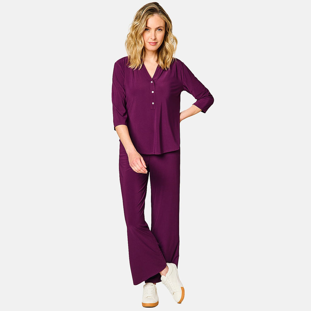Emreco 3-4 Sleeves Plain Mandarin Collar Blouse (Size 12) - Berry