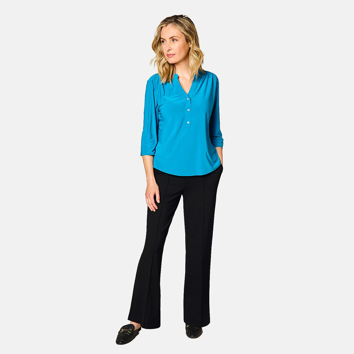 Emreco 3/4 Sleeve Plain Mandarin Collar Blouse 7968087 0
