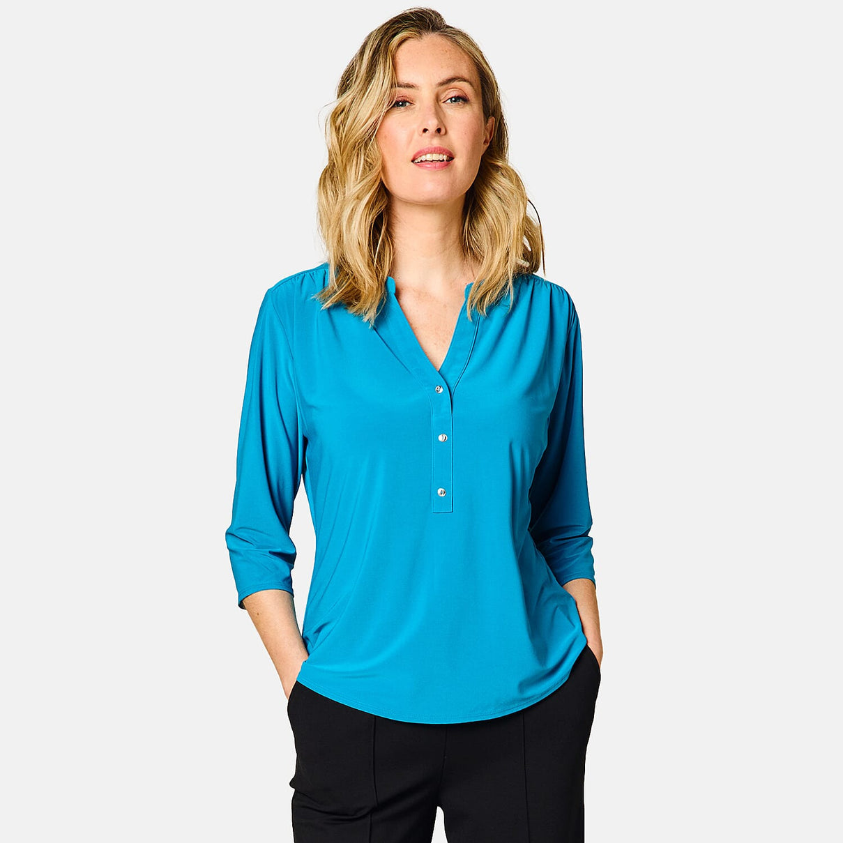 Emreco 3/4 Sleeve Plain Mandarin Collar Blouse 7968087 1