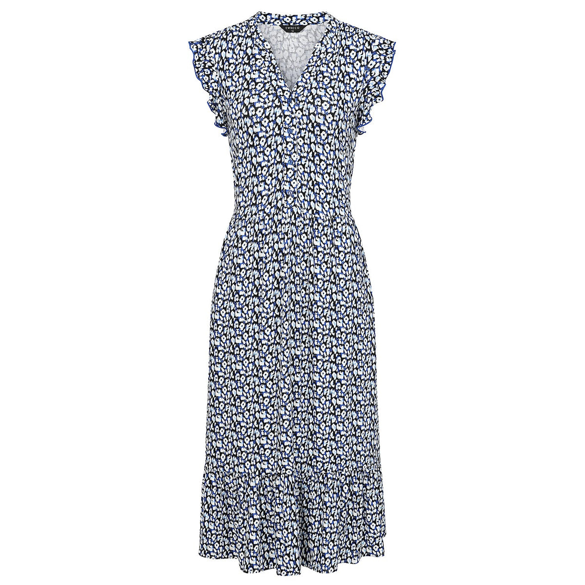 Emreco Abstract Animal Print V-Neck Sleeveless Tie Waist Ruffle Armhole Tiered Midi Dress (Size 10) 7972249 0