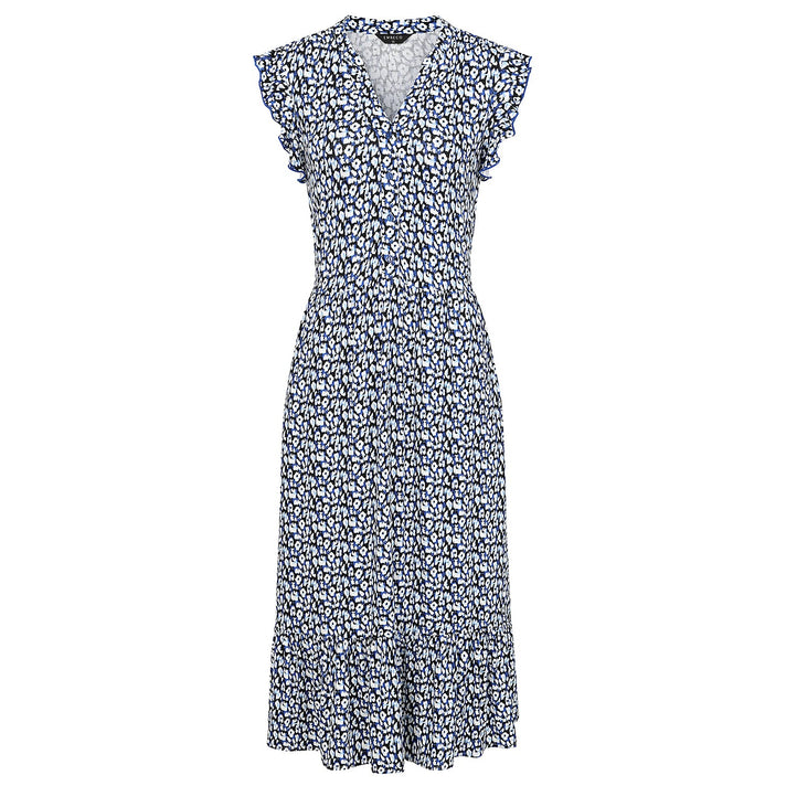 Emreco Abstract Animal Print V-Neck Sleeveless Tie Waist Ruffle Armhole Tiered Midi Dress (Size 10) 7972249 1