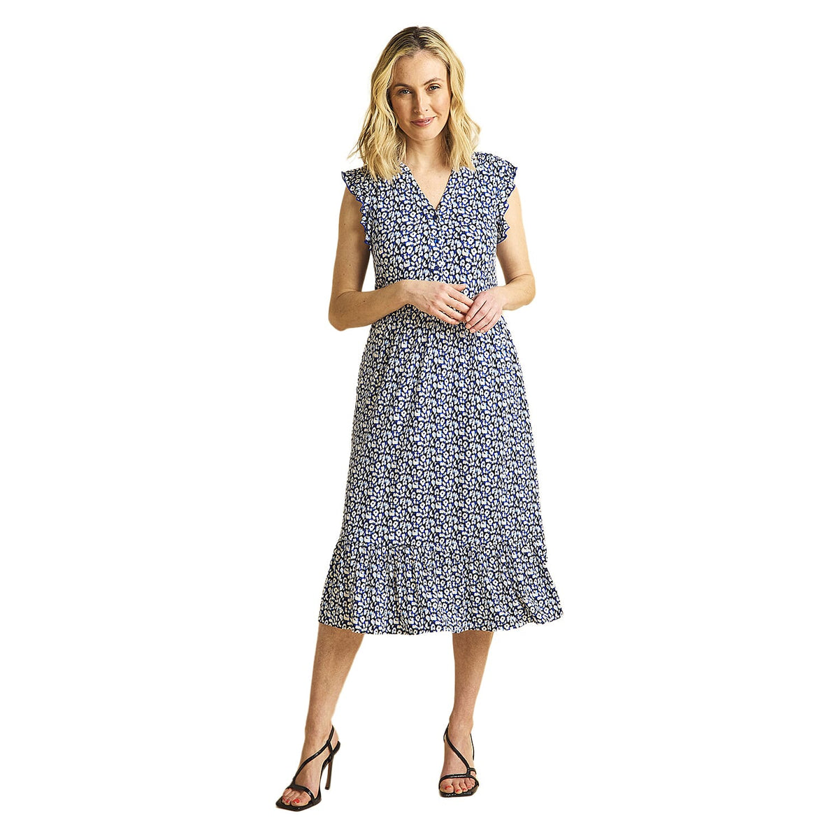 Emreco Abstract Animal Print V-Neck Sleeveless Tie Waist Ruffle Armhole Tiered Midi Dress (Size 10) 7972249 1