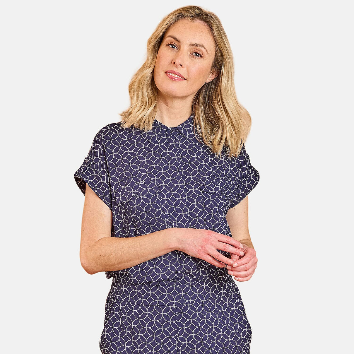Emreco Spun Viscose Printed Short Sleeve Collared Blouse (Size 10) - Navy 8265736 0